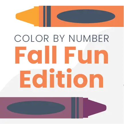 Illustration of two crayons, one orange and one purple, with the text Color by Number Fall Fun Edition in bold, playful fonts between them. The background is white with light gray abstract shapes.