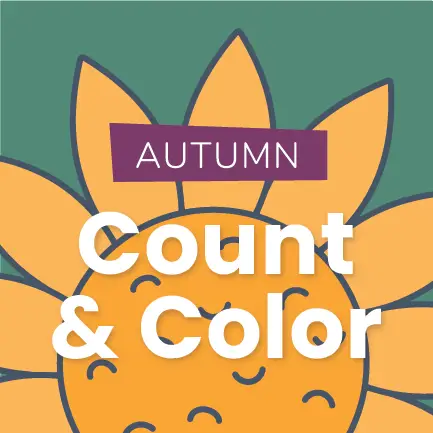 A playful illustration of a sun with a smiling face, surrounded by yellow petals against a teal background. The text reads Autumn Count & Color in bold white and purple letters.