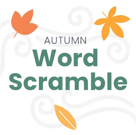 Autumn Word Scramble text in green on a white background with decorative swirls and three orange leaves.