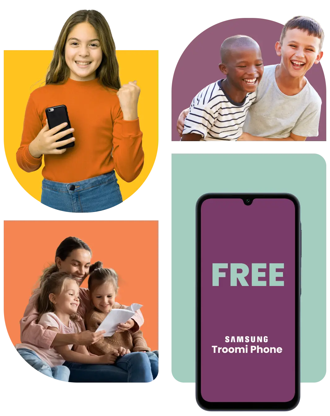 Collage of children smiling and using a phone. One girl holds a Troomi phone, two boys laugh together, and a woman with two girls looks at a paper. A Samsung phone displays FREE alongside the Troomi branding.