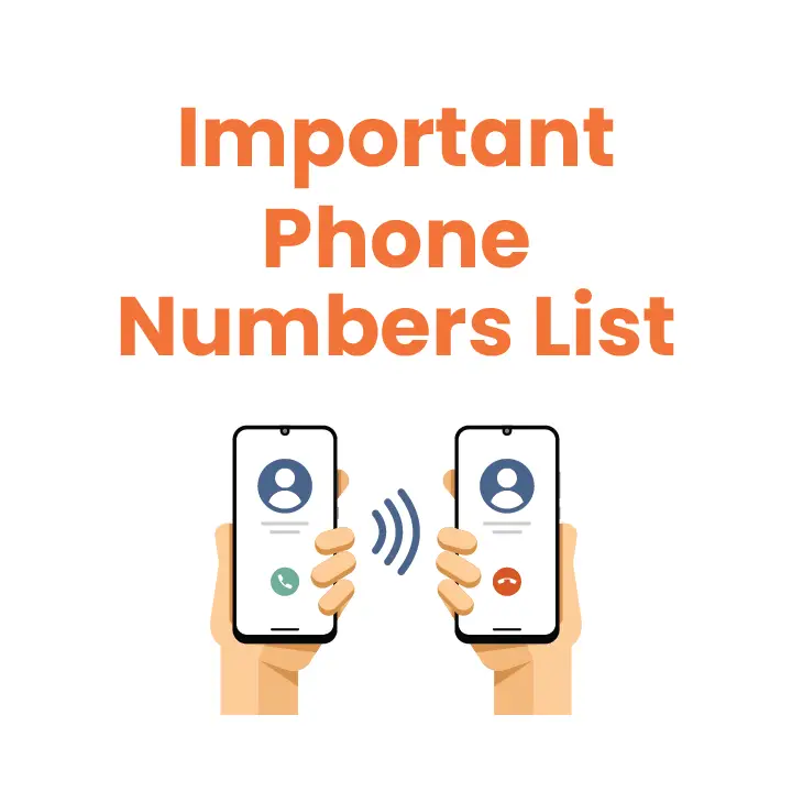 Illustration of two hands holding smartphones, with icons of a person, green call button, and red decline button on the screens. Text above reads Important Phone Numbers List in bold orange letters.