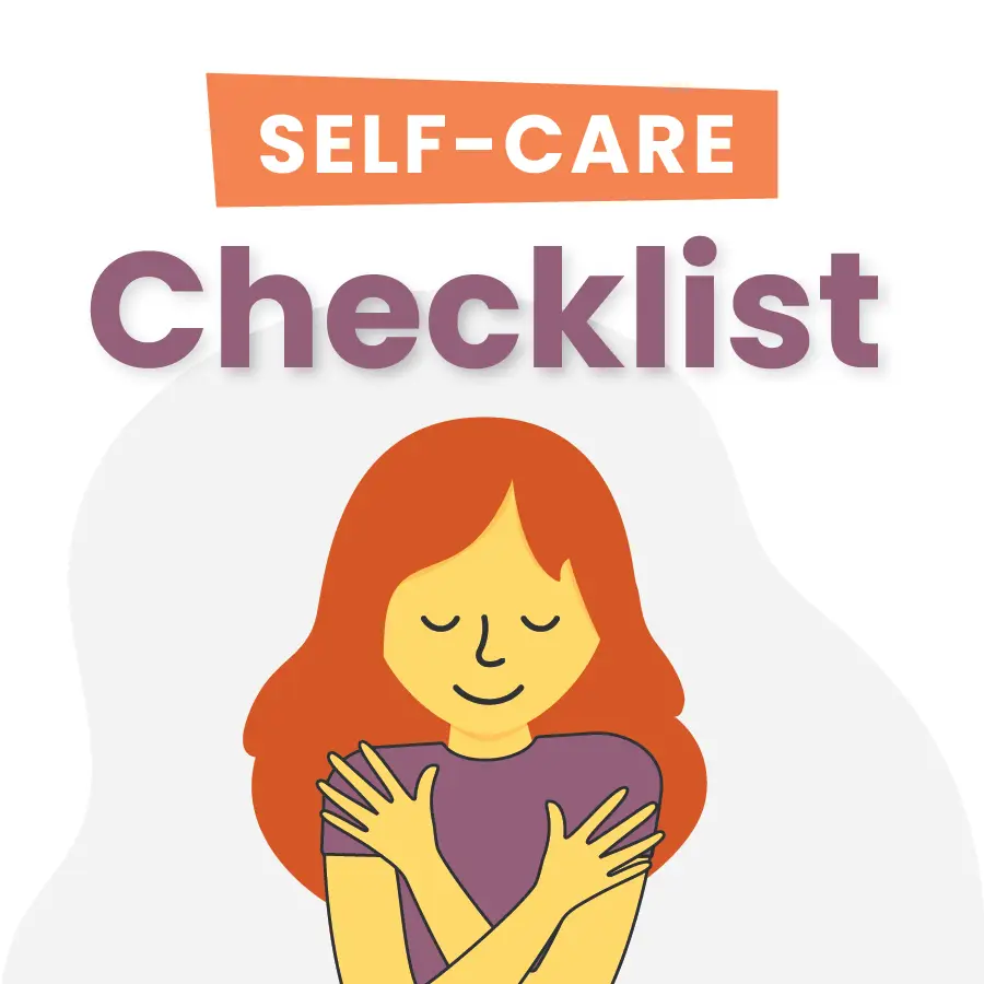 Illustration of a person with long red hair hugging themselves. Above is a title reading Self-Care Checklist in a mix of orange and purple letters. The background is light gray with abstract shapes.