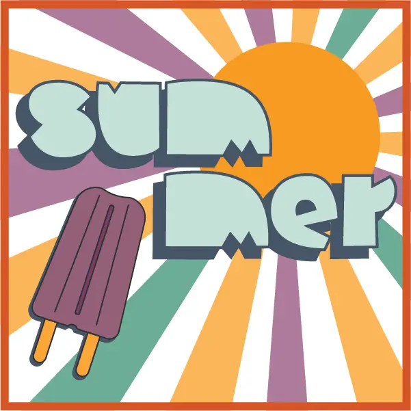 Stylized text summer with a popsicle graphic for the u and a large sun in the background, set against a radiating orange and white striped pattern.