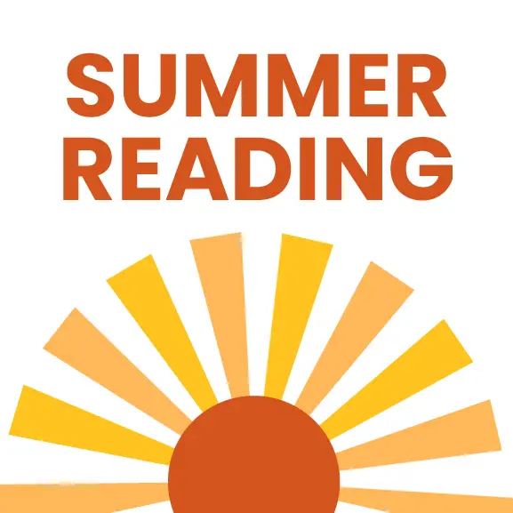 Text reading Summer Reading is displayed above a stylized sun graphic with orange and yellow rays spreading out from an orange circle at the bottom.