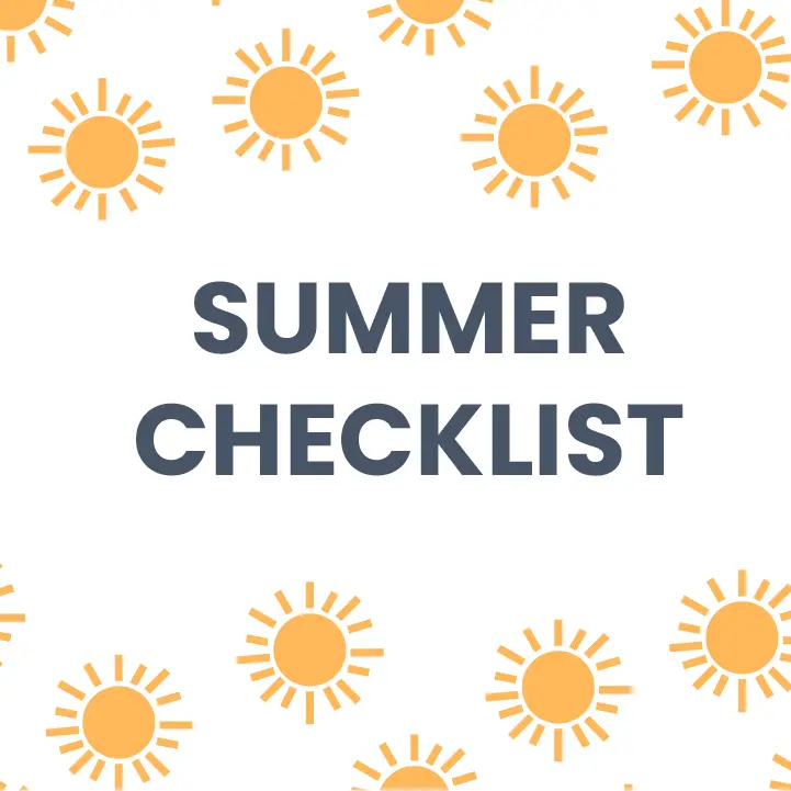 A graphic with the text Summer Checklist in bold gray letters on a white background, decorated with a pattern of orange sun icons.