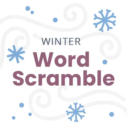 Winter Word Scramble text in bold with blue snowflakes and dots surrounding it, set against a white background with subtle swirling patterns.