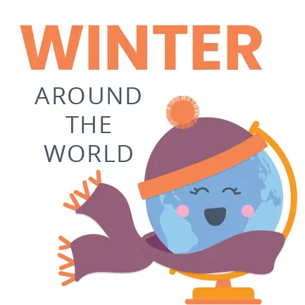 Illustration of a globe wearing a purple winter hat and scarf, smiling with closed eyes. The text WINTER AROUND THE WORLD appears in bold letters above the globe.