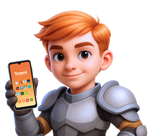 A cartoon boy in silver armor with orange hair smiles and holds up a smartphone displaying the Troomi logo and various app icons on its bright orange screen.