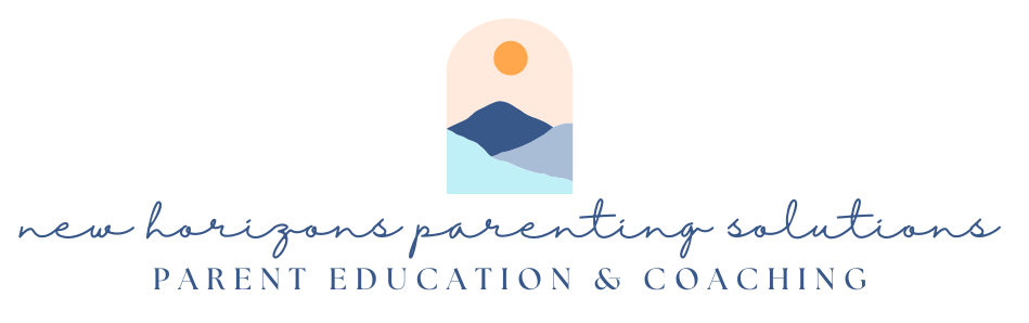 Logo for New Horizons Parenting Solutions Parent Education & Coaching featuring a stylized sun rising over blue mountains, with the text in elegant blue fonts below the image.