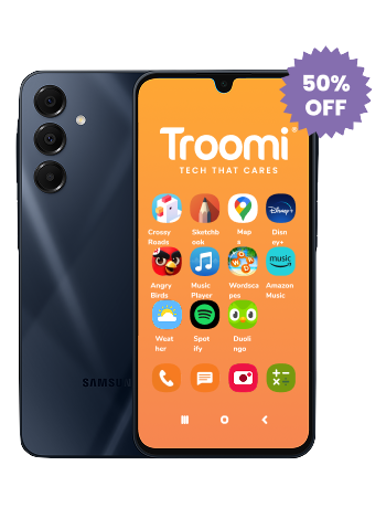 A Samsung smartphone displaying the Troomi home screen with colorful app icons. A purple badge in the top right corner reads 50% OFF. The phone is shown from both the front and back.
