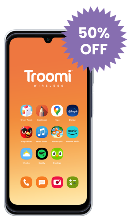 A smartphone displaying the Troomi Wireless logo and various app icons on its screen, with a purple starburst label in the corner that says “50% OFF”—the perfect device for any Troomi user.