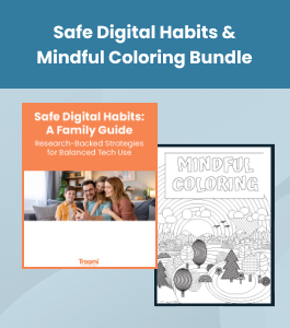 Promotional graphic for a Safe Digital Habits & Mindful Coloring Bundle, featuring a family guide cover with a smiling family using a laptop, sample mindful coloring page with trees and clouds, plus downloadable resources for easy access.