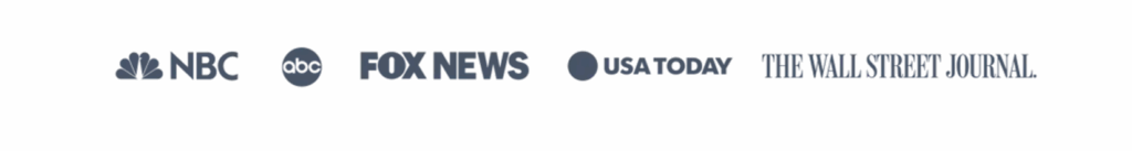 Logos for NBC, ABC, Fox News, USA Today, and The Wall Street Journal are displayed in a row on a white background.