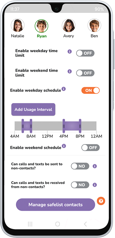 A smartphone screen shows a parental control app with user profiles, time usage sliders, and toggles for enabling weekday and weekend schedules and communication limits. The app is set to limit Ryan’s phone use between 8AM and 8PM.