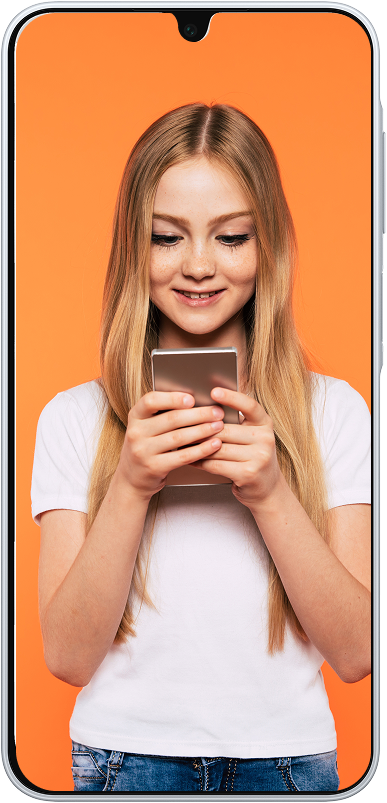 A young girl with long blonde hair, wearing a white t-shirt and blue jeans, smiles while using a smartphone. She stands against an orange background, framed by a smartphone screen outline.