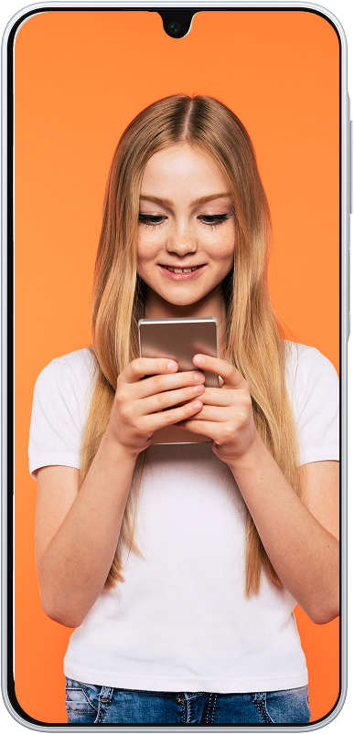 A young girl with long blonde hair, wearing a white t-shirt and blue jeans, smiles while using a smartphone. She stands against an orange background, framed by a smartphone screen outline.