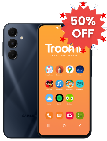 A Samsung smartphone displaying colorful app icons on its screen, featuring Troomi safety tools, with a red starburst graphic in the top right corner showing 50% OFF in bold white text.
