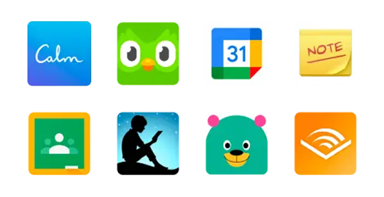 A collage of nine app icons from the Troomi App Store, including Calm, Duolingo, Google Calendar, Google Keep, Google Classroom, an app with a person reading, a green bear face, and Audible.