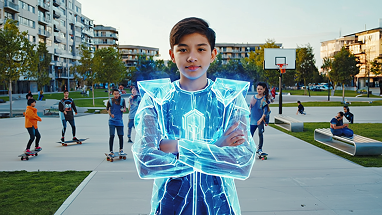 A confident boy stands with arms crossed in a park, wearing a digitally rendered glowing blue futuristic suit. In the background, kids skateboard and play basketball near modern apartment buildings.