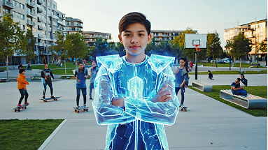 A confident boy stands with arms crossed in a park, wearing a digitally rendered glowing blue futuristic suit. In the background, kids skateboard and play basketball near modern apartment buildings.