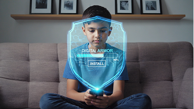 A boy sits on a couch holding a smartphone, with a digital blue shield hologram in front of him displaying the words DIGITAL ARMOR and an INSTALL progress bar at 44%.