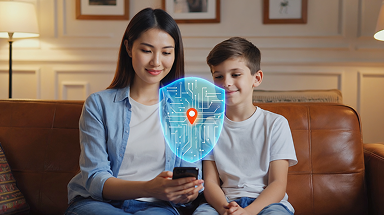 A woman and a boy sit on a couch looking at a smartphone together. A digital shield with a circuit pattern and location pin icon is superimposed over the phone, symbolizing digital security or protection.