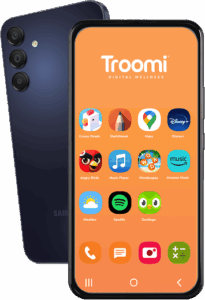 A Samsung smartphone displays an orange home screen labeled Troomi Digital Wellness with app icons including Maps, Disney+, Angry Birds, Spotify, and Duolingo. The phones back is also partially visible.