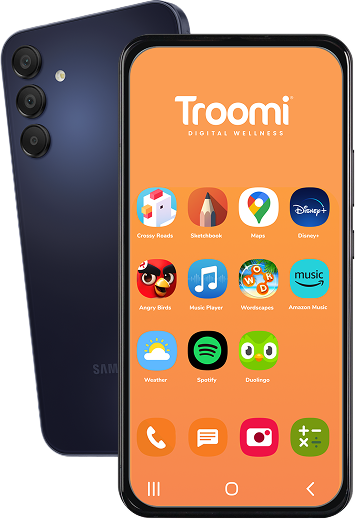 A Samsung smartphone displays an orange home screen labeled Troomi Digital Wellness with app icons including Maps, Disney+, Angry Birds, Spotify, and Duolingo. The phones back is also partially visible.