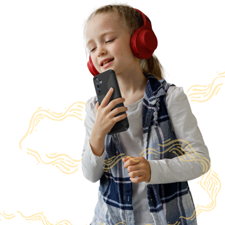 A young girl wearing red headphones holds a smartphone and sings joyfully, eyes closed. She wears a plaid vest over a long-sleeve shirt, with a yellow artistic swirl in the background.