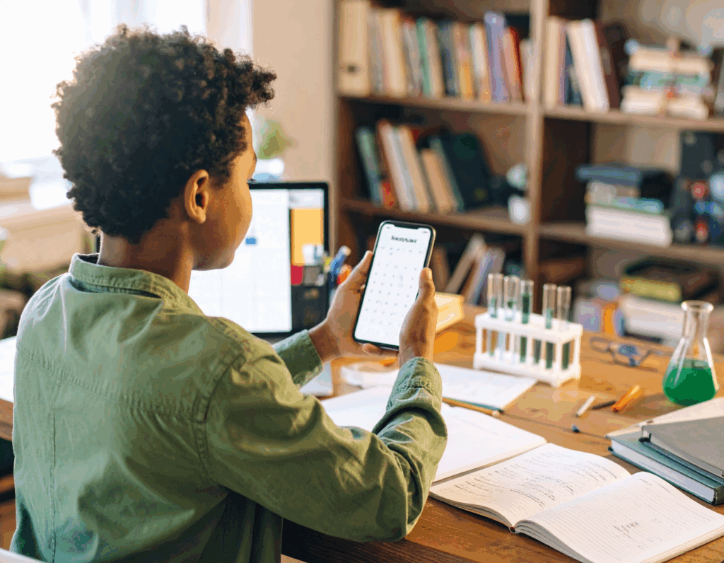 A student sits at a desk cluttered with books, papers, and science equipment, looking at a calculator app on their phone. A computer monitor and shelves filled with books are visible in the background.
