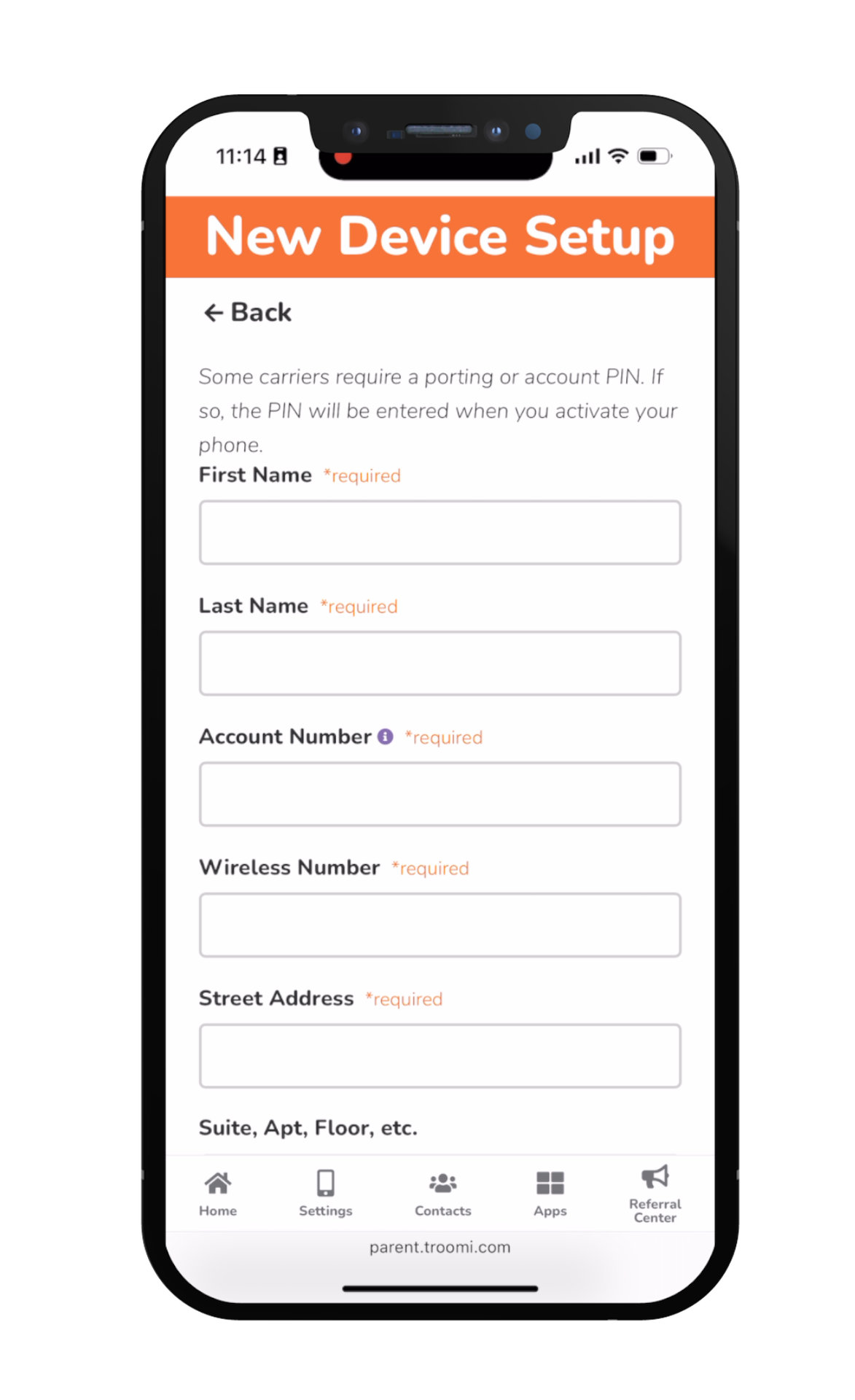 A smartphone screen displays a New Device Setup form, requesting first name, last name, account number, wireless number, street address, and suite information, with required fields marked in orange.