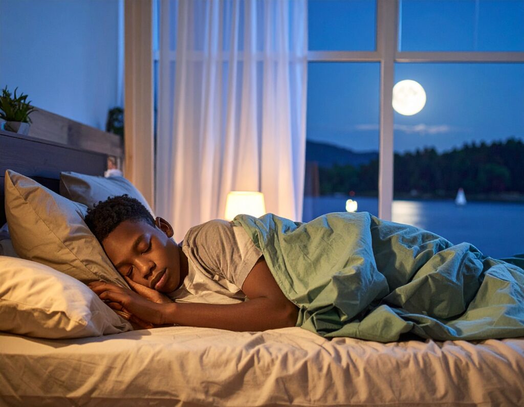 A young boy sleeps peacefully in bed at night, covered by a blanket. A large full moon and a lake with trees are visible through the window, with soft lighting creating a calm atmosphere.