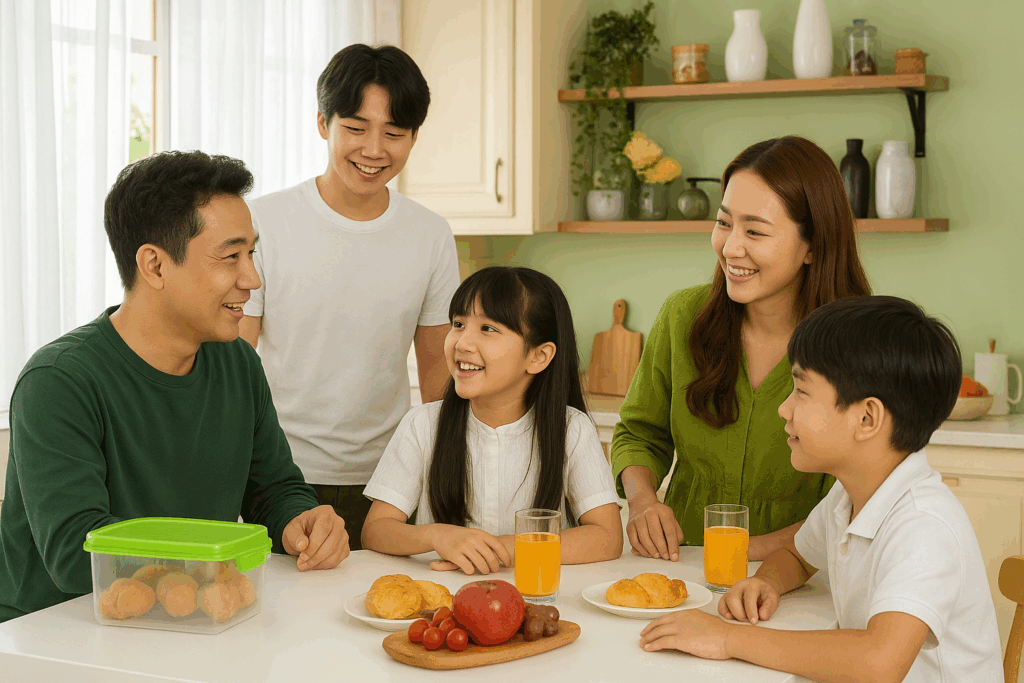 A family of five—two adults, two boys, and a girl—smiles and talks around a white kitchen table with croissants, fruit, and orange juice. The bright setting with green accents captures a cheerful back to school morning.