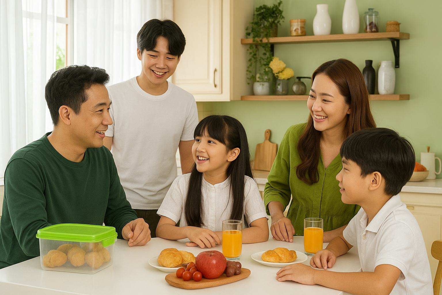 A family of five—two adults, two boys, and a girl—smiles and talks around a white kitchen table with croissants, fruit, and orange juice. The bright setting with green accents captures a cheerful back to school morning.
