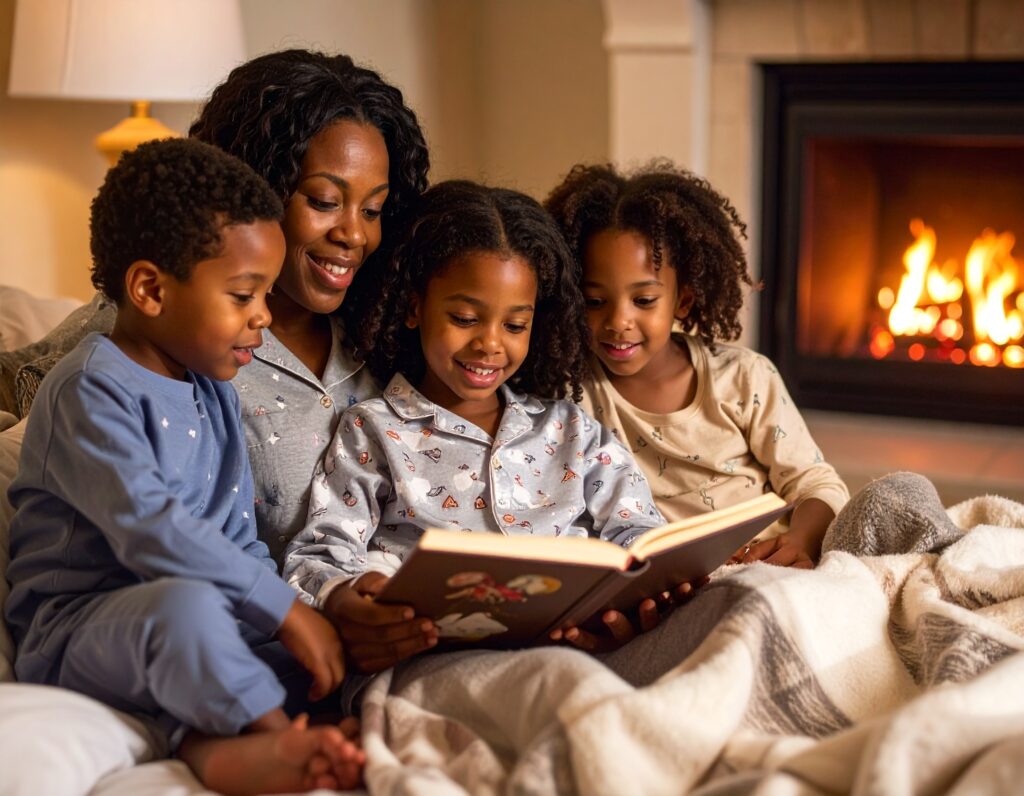 A mother and three young children in pajamas read a book together on a cozy bed, smiling and cuddled under a blanket, with a fireplace glowing warmly in the background.
