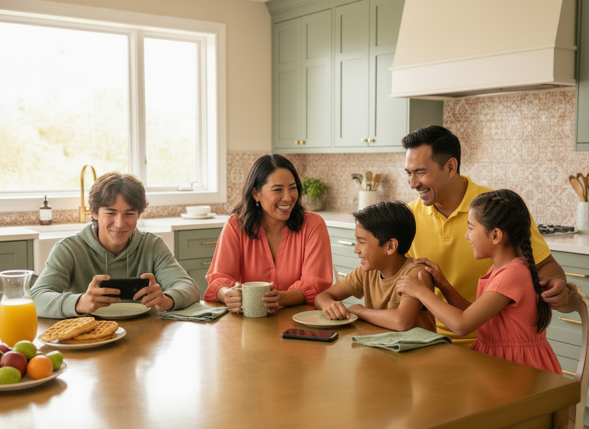A family of five sits together at a kitchen table, smiling and talking. There are plates, mugs, a pitcher of orange juice, waffles, and fruit on the table. The kitchen is bright with green cabinets and large windows.