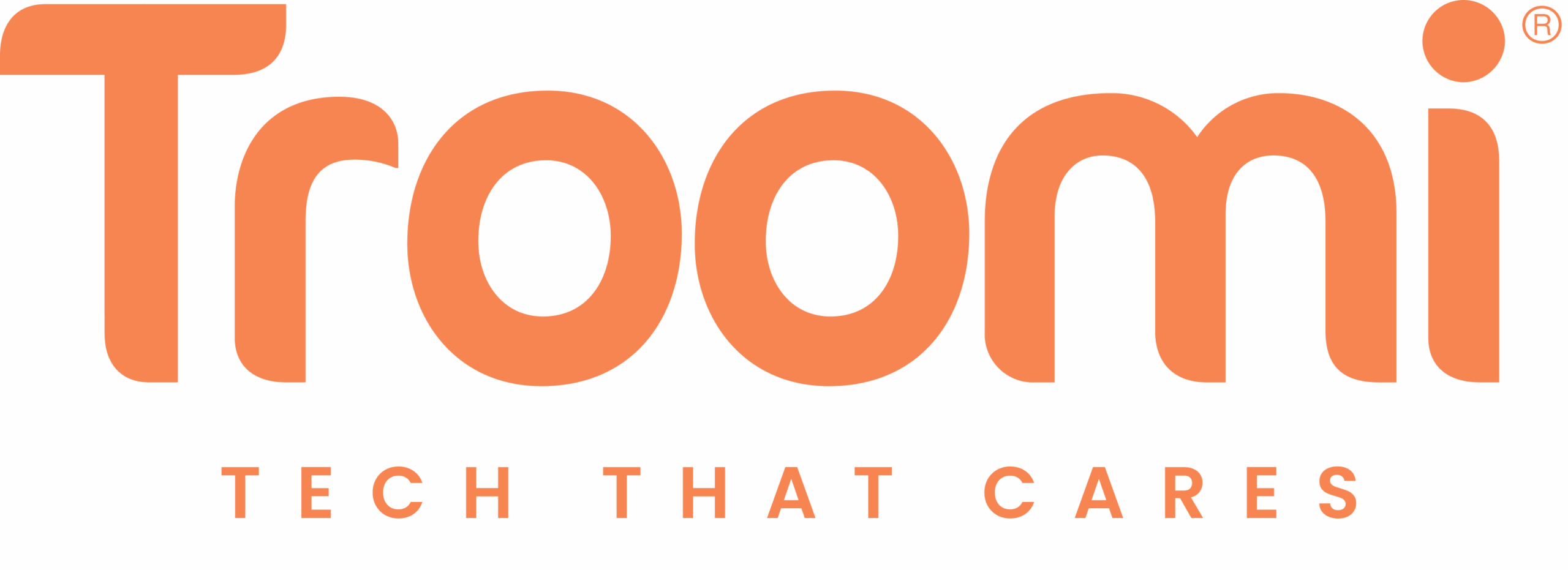 The image shows the word Troomi in large, bold orange letters with the phrase TECH THAT CARES written below in smaller orange text on a white background.