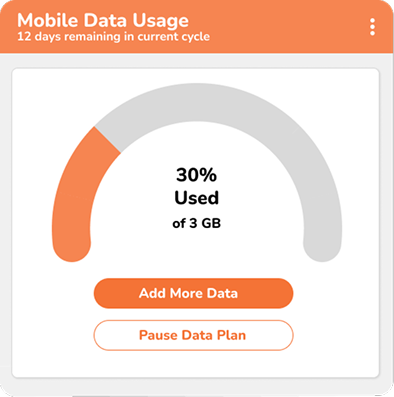 A mobile data usage dashboard showing 30% of 3 GB used, with 12 days left in the cycle. There are buttons labeled Add More Data and Pause Data Plan below a circular usage gauge.