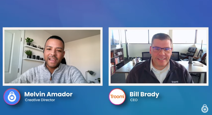 A video call with Melvin Amador, Creative Director, on the left in a home office, and Bill Brady, CEO, on the right in a modern office. Both are smiling, with name and title labels on a blue background.