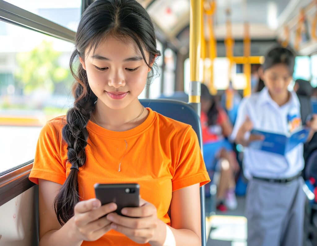 A teenage girl with long dark hair in a braid, wearing an orange shirt, sits on a bus looking at her phone. In the background, other students in school uniforms are standing and reading books.