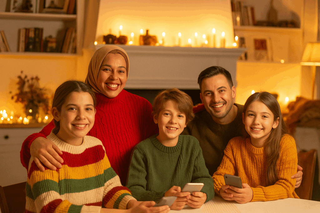 A smiling family of five sits together indoors, surrounded by warm candlelight. The parents and three children, wearing cozy sweaters, are holding smartphones and looking at the camera. Shelves and a lit fireplace are in the background.