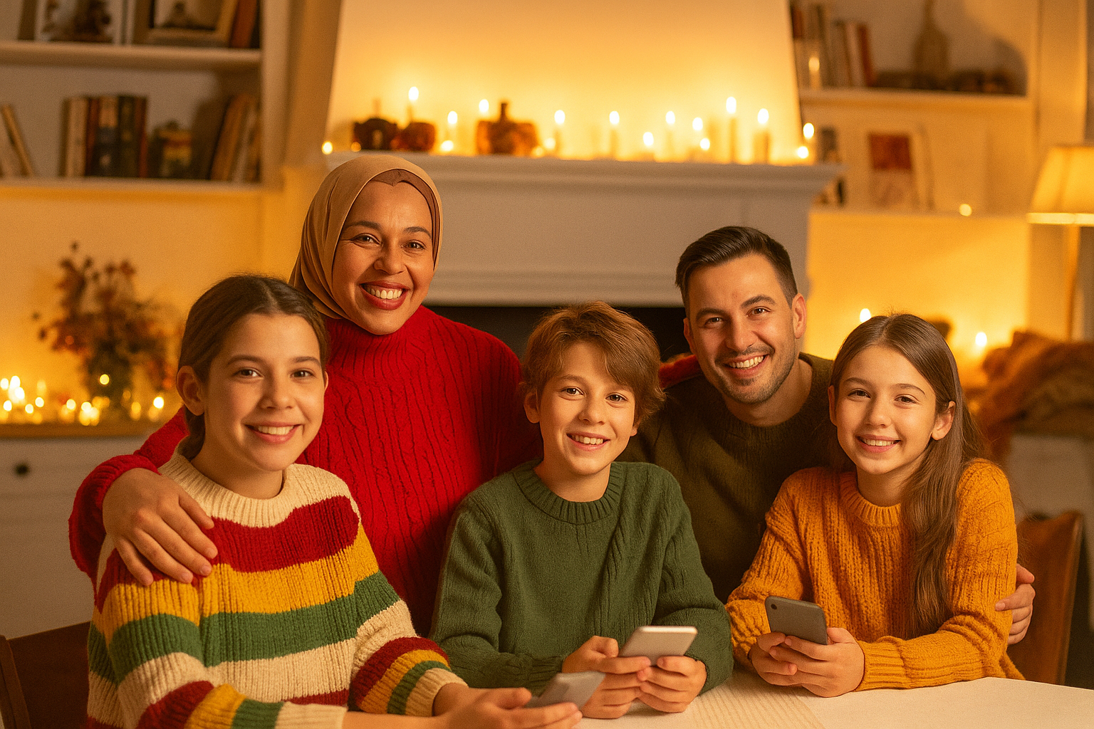 A smiling family of five sits together indoors, surrounded by warm candlelight. The parents and three children, wearing cozy sweaters, are holding smartphones and looking at the camera. Shelves and a lit fireplace are in the background.