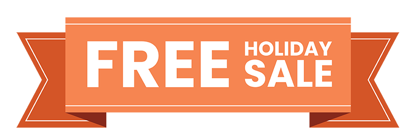An orange ribbon banner with bold white text that reads FREE HOLIDAY SALE on a light background—perfect for highlighting Troomi, the kids safe phone.