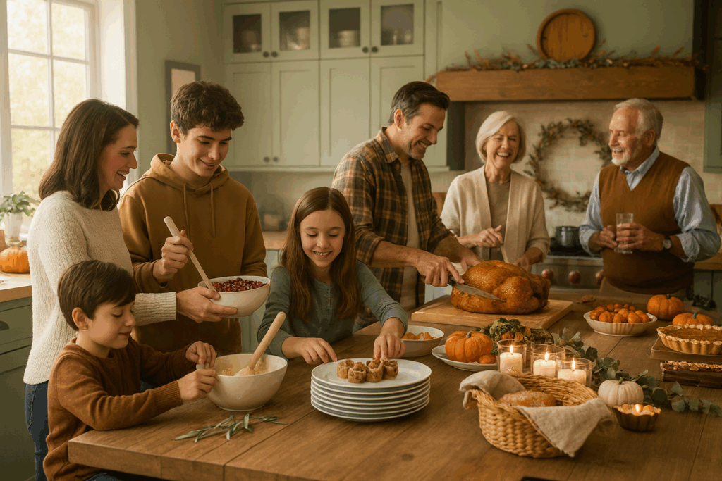 A family of seven, spanning three generations, prepares and enjoys a Thanksgiving meal together in a cozy, warmly lit kitchen decorated with pumpkins and candles.