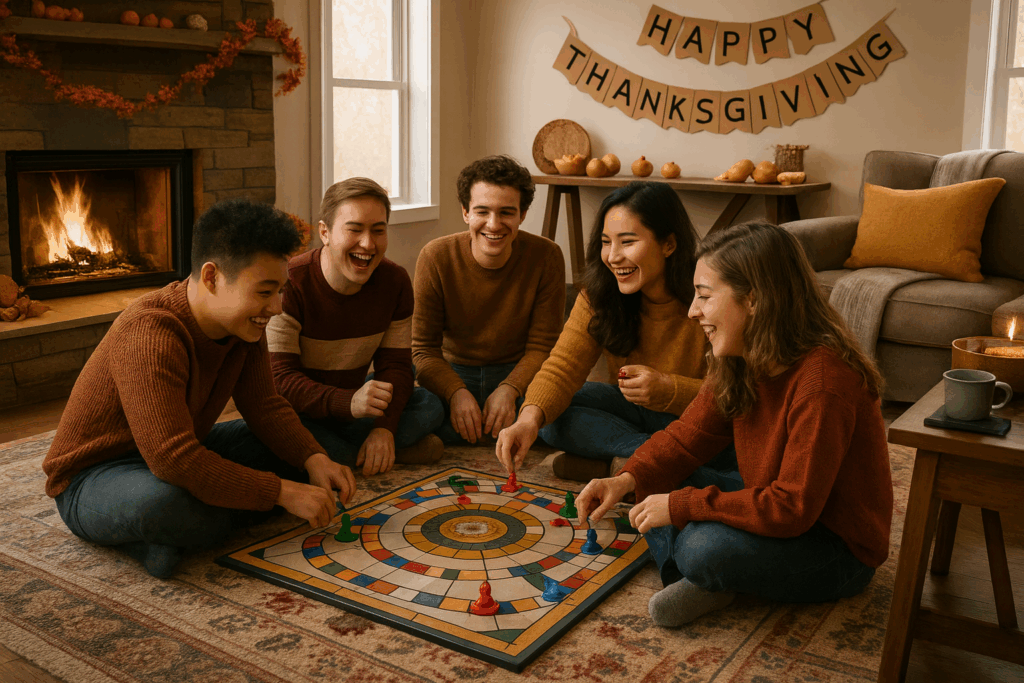 Five friends sit on a rug in a cozy living room, playing a board game together. All are smiling and laughing. A fireplace glows in the background, and a “Happy Thanksgiving” banner hangs on the wall.