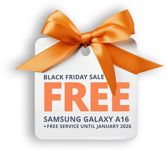 A white gift tag with an orange bow, featuring the text: Black Friday Sale. FREE Samsung Galaxy A16 + Free service until January 2026.
