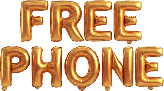 Gold metallic balloon letters arranged to spell FREE PHONE on a plain background.