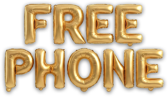 Gold foil balloons spell out the words FREE PHONE against a white background.