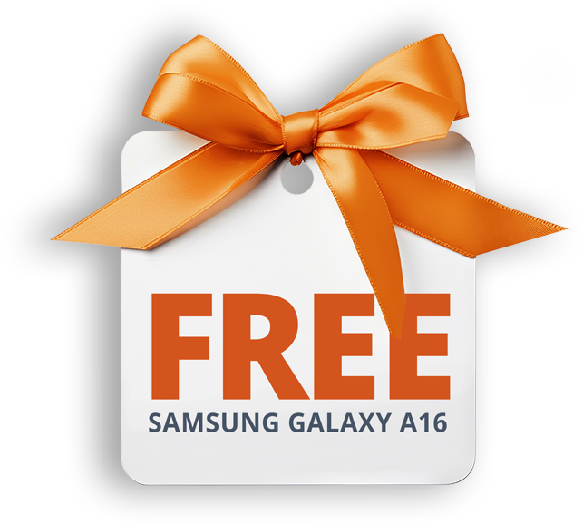 A white gift tag with an orange ribbon bow says “FREE SAMSUNG GALAXY A16” in bold orange and gray letters.