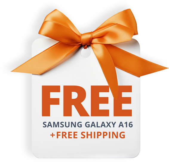 A white gift tag with an orange bow reads: FREE Samsung Galaxy A16 + Free Shipping in bold orange and gray text.